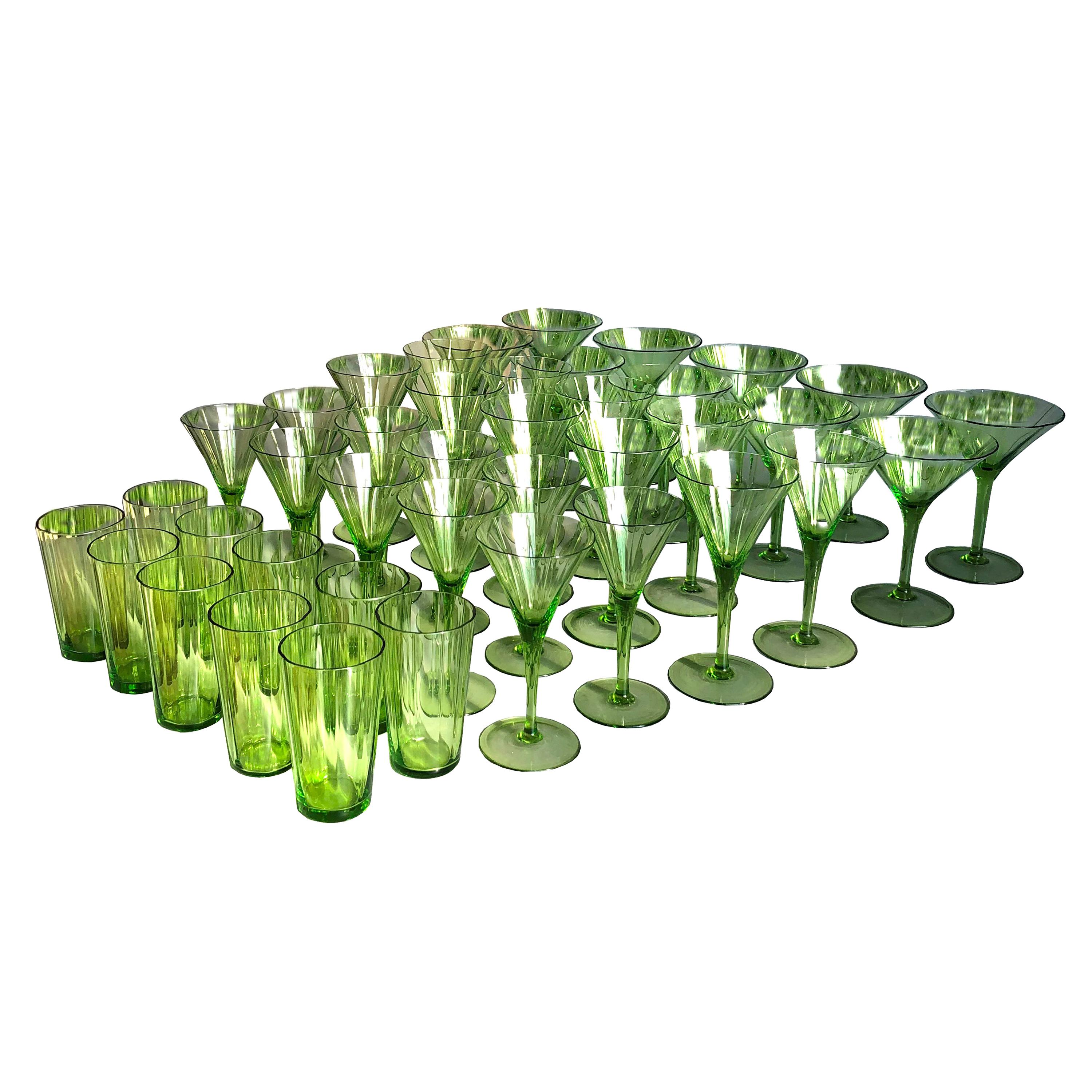 Art Deco Large Green Glass Champagne Wine Water Set, Austria 1920s For Sale