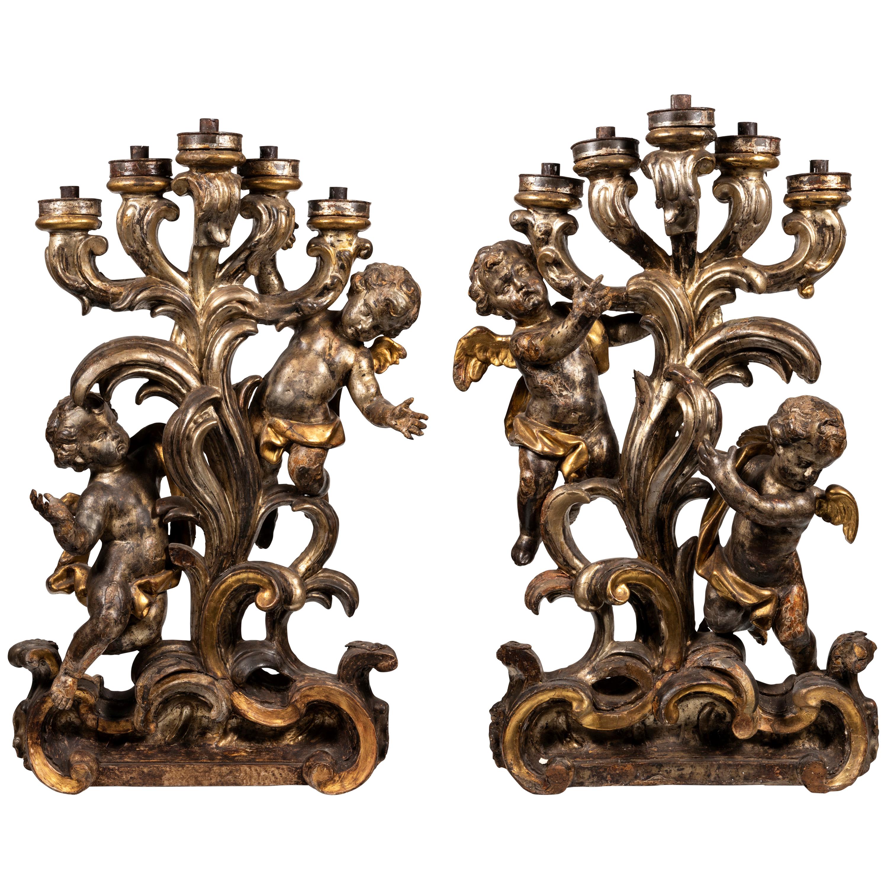 A Matched Pair of 18th Century Italian Silver Gilt Figurative Candelabra For Sale