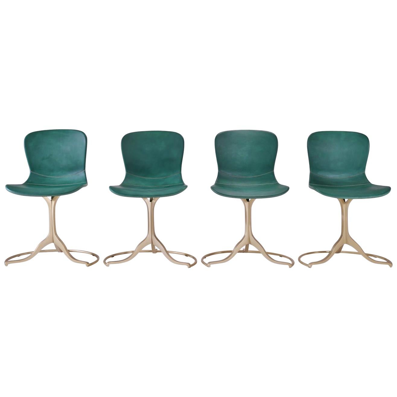 Set of 4 Bespoke Sand Cast Brass Chairs in Emeraude Leather, by P. Tendercool