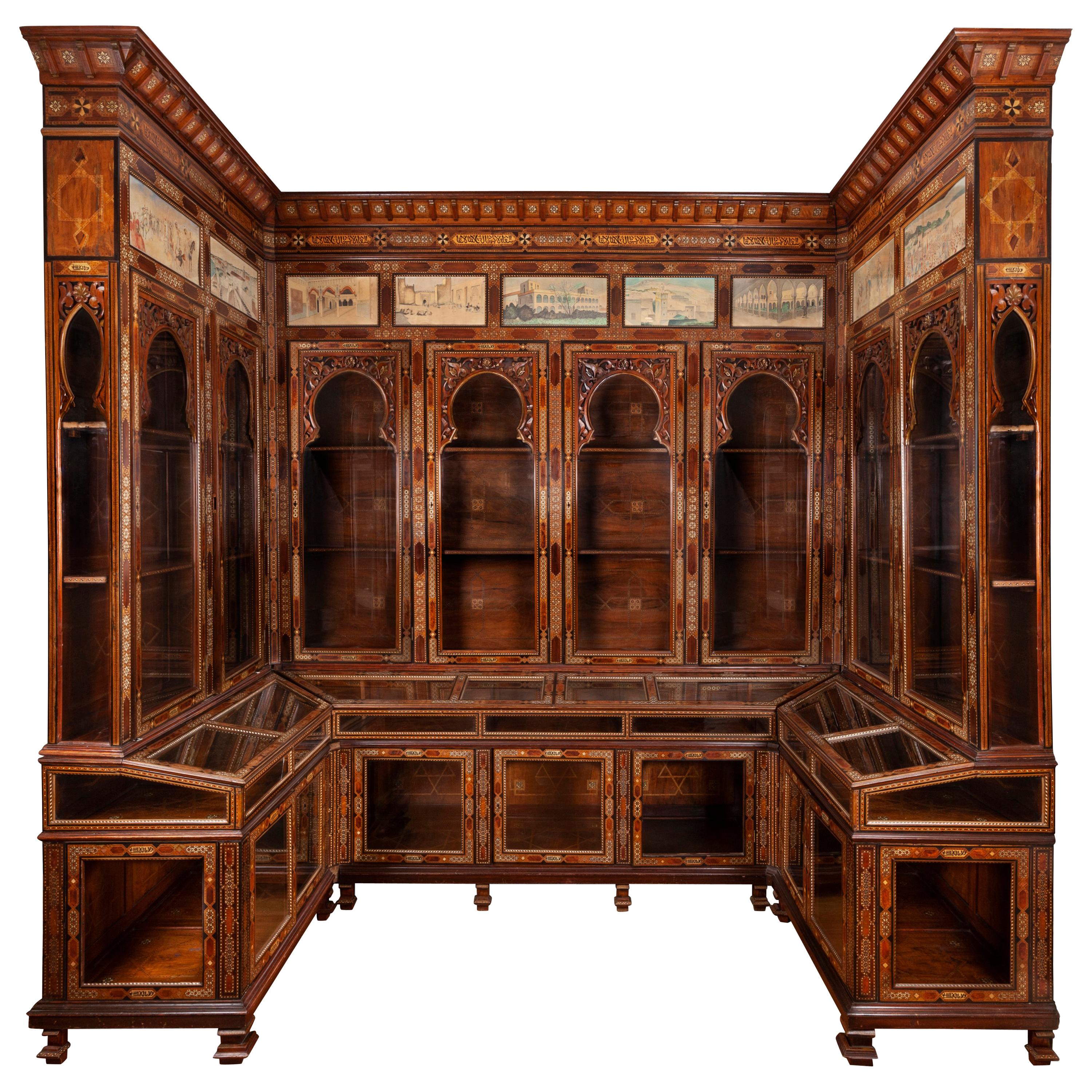 An Antique Moroccan Parquetry, Bone Inlaid and Glazed Display Cabinet For Sale