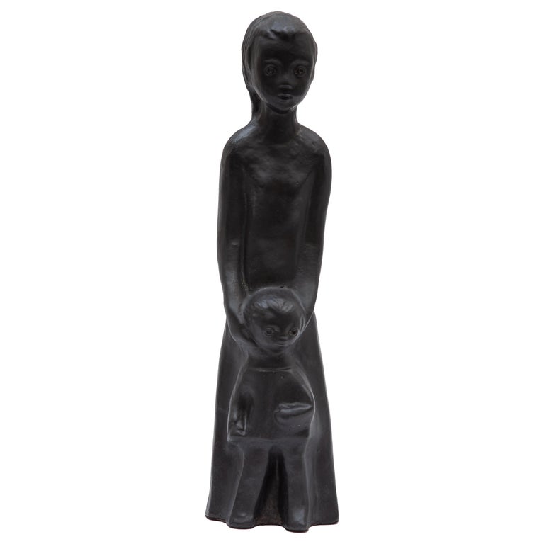 Black Ceramic Sculpture of Mother and Child by Elie Van Damme, Belgium For  Sale at 1stDibs