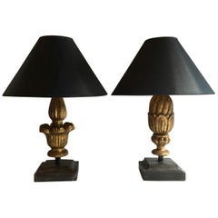 Louis XV Style French Pair Table Lamps Golden Patinated Wood Wrought Iron Bases
