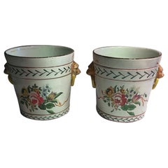 France Late 19th Century Pair of Pottery Cache Pots with Flowers and Lions Heads