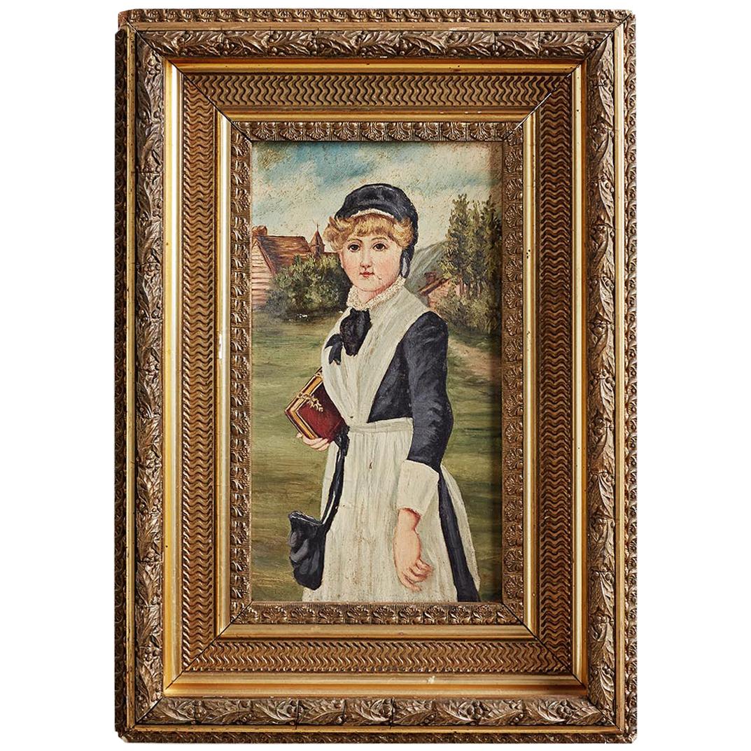 Peinture d'art populaire du XIXe siècle représentant une jeune fille en vente