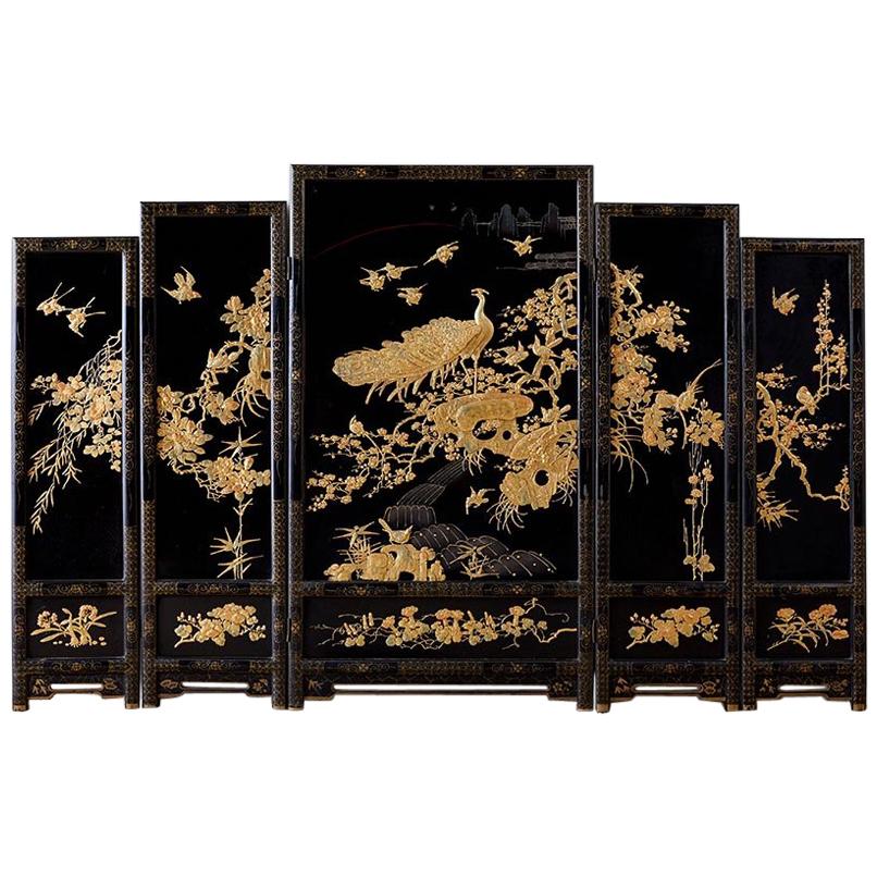 Chinese Lacquer Gilt Five Panel Peacock Screen