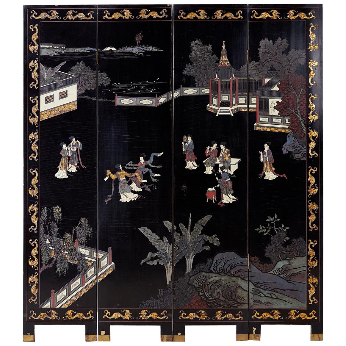 Chinese Export Four-Panel Lacquer Coromandel Screen