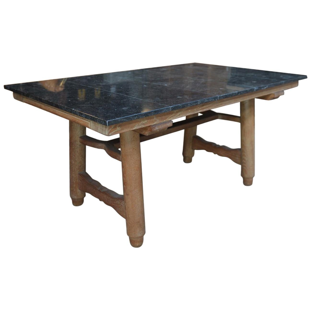 Guillerme and Chambron Oak and Black Stone Dining Table, 1950 at