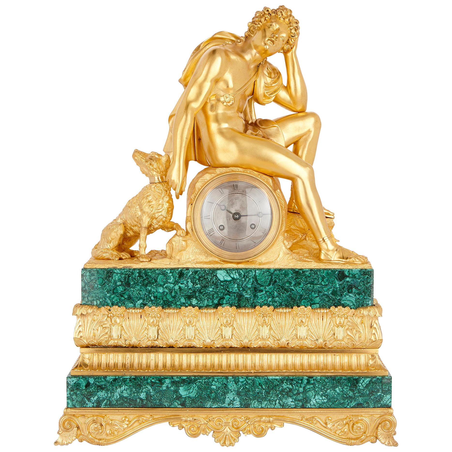 19th Century Malachite and Gilt Bronze Mantel Clock by Honoré Pons