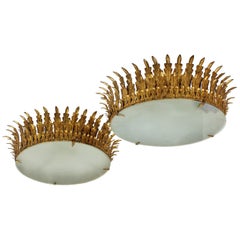 Two Extra Large Neoclassical Gilt Iron Sunburst Crown Ceiling Light Fixtures