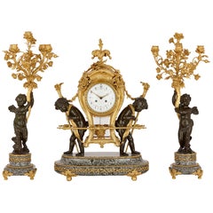Antikes Uhrenset aus Marmor, patinierter und vergoldeter Bronze von Gervais