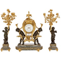 Antikes Uhrenset aus Marmor, patinierter und vergoldeter Bronze von Gervais