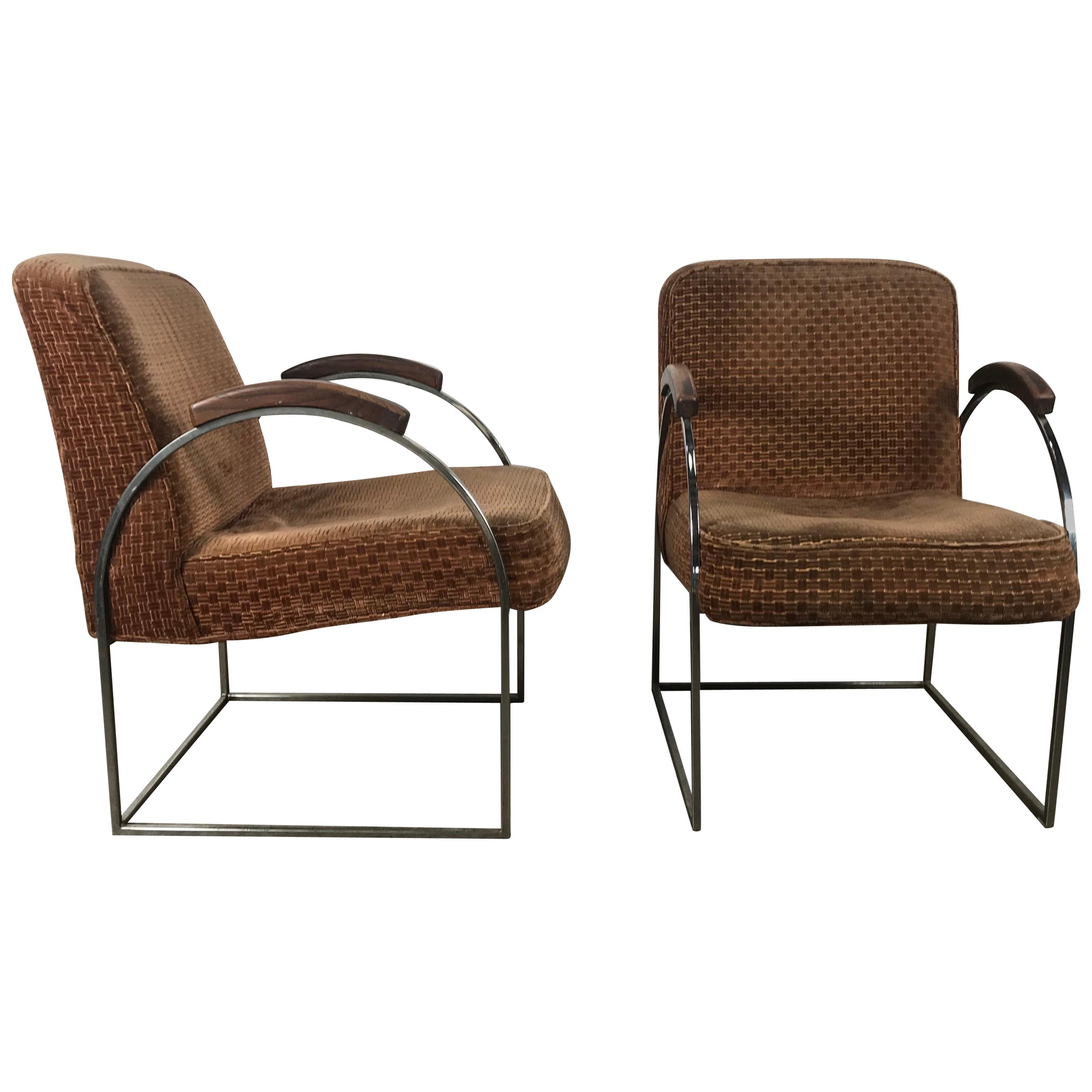 Pair of Milo Baughman Bauhaus Style Chrome and Mohair Lounge Chairs