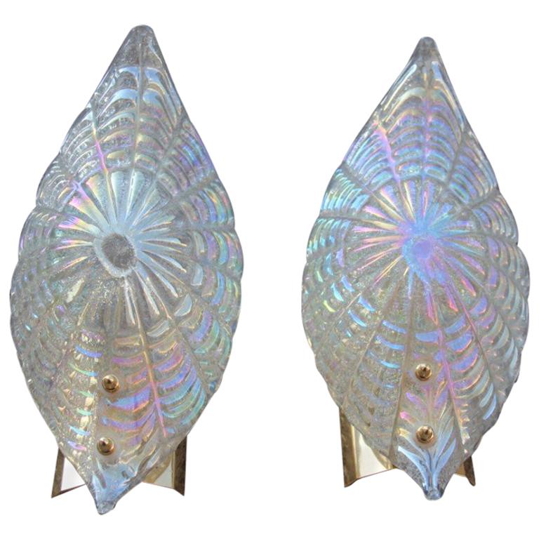 Pair of Sconces Murano Glass Rainbow with Luster Brass Gold Parts 1970s Italian 