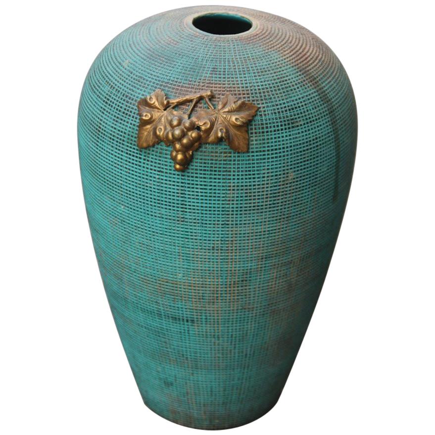 Art Deco Vase in Ceramic Green Bronzed with Batignani 1930 Bronze Application For Sale