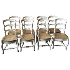 19th Century Set of Eight French White Lacquered Wooden Chairs with Straw Seat