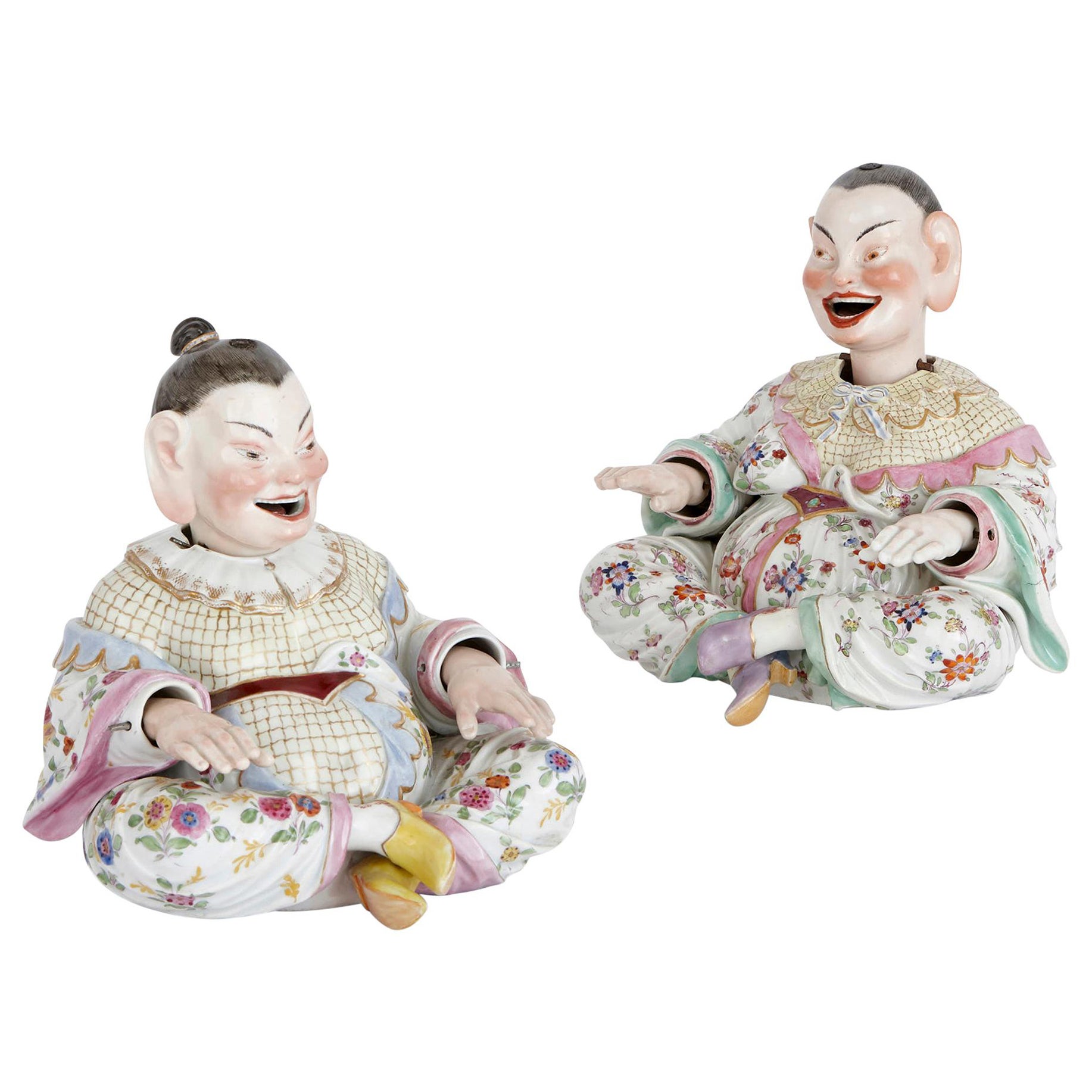 Deux figurines de pagode en porcelaine de Meissen chinoises avec signe de tête