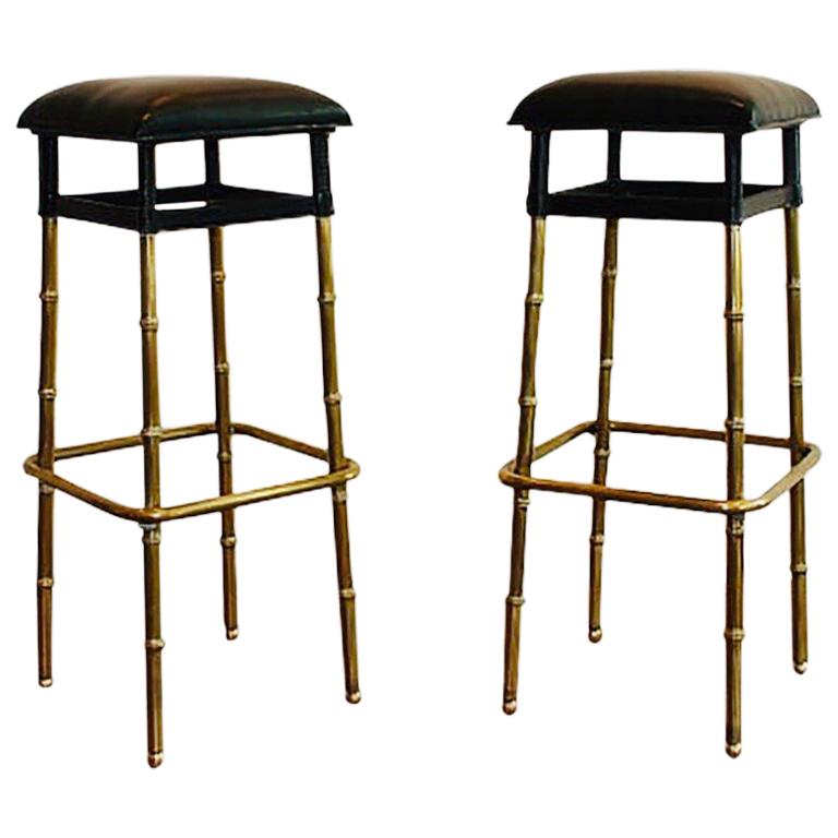 1950s Jacques Adnet Pair of Black Leather Bar Stools Bamboo Style For Sale