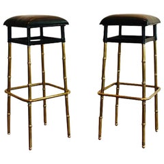 1950s Jacques Adnet Pair of Black Leather Bar Stools Bamboo Style