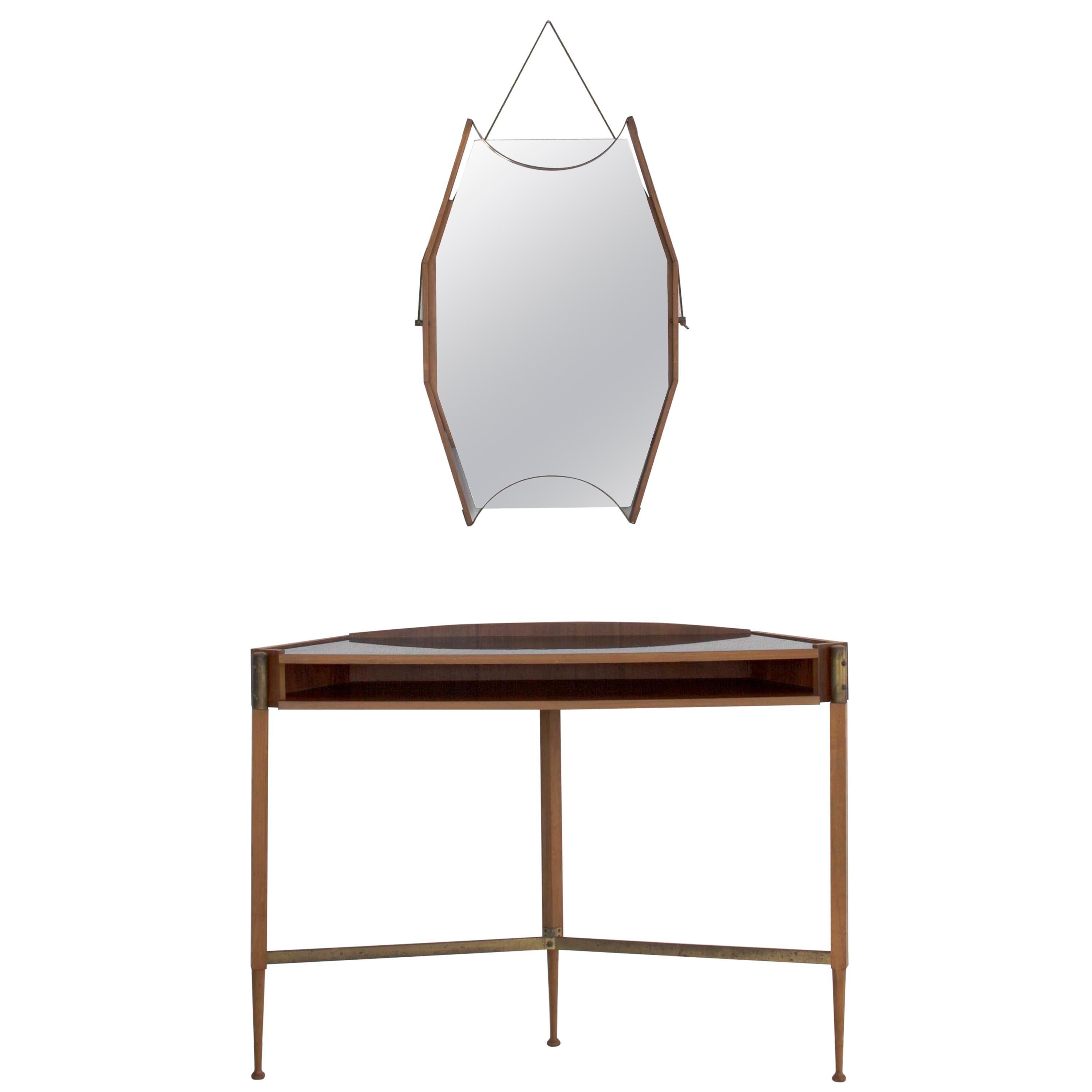 Italian Wall Console with Black Formica Top and Wall Mirror, 1950