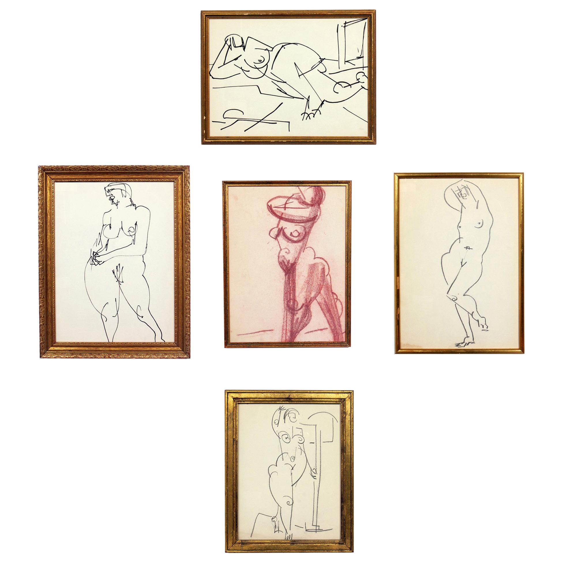 Selection of Figural Drawings in Vintage Gilt Frames