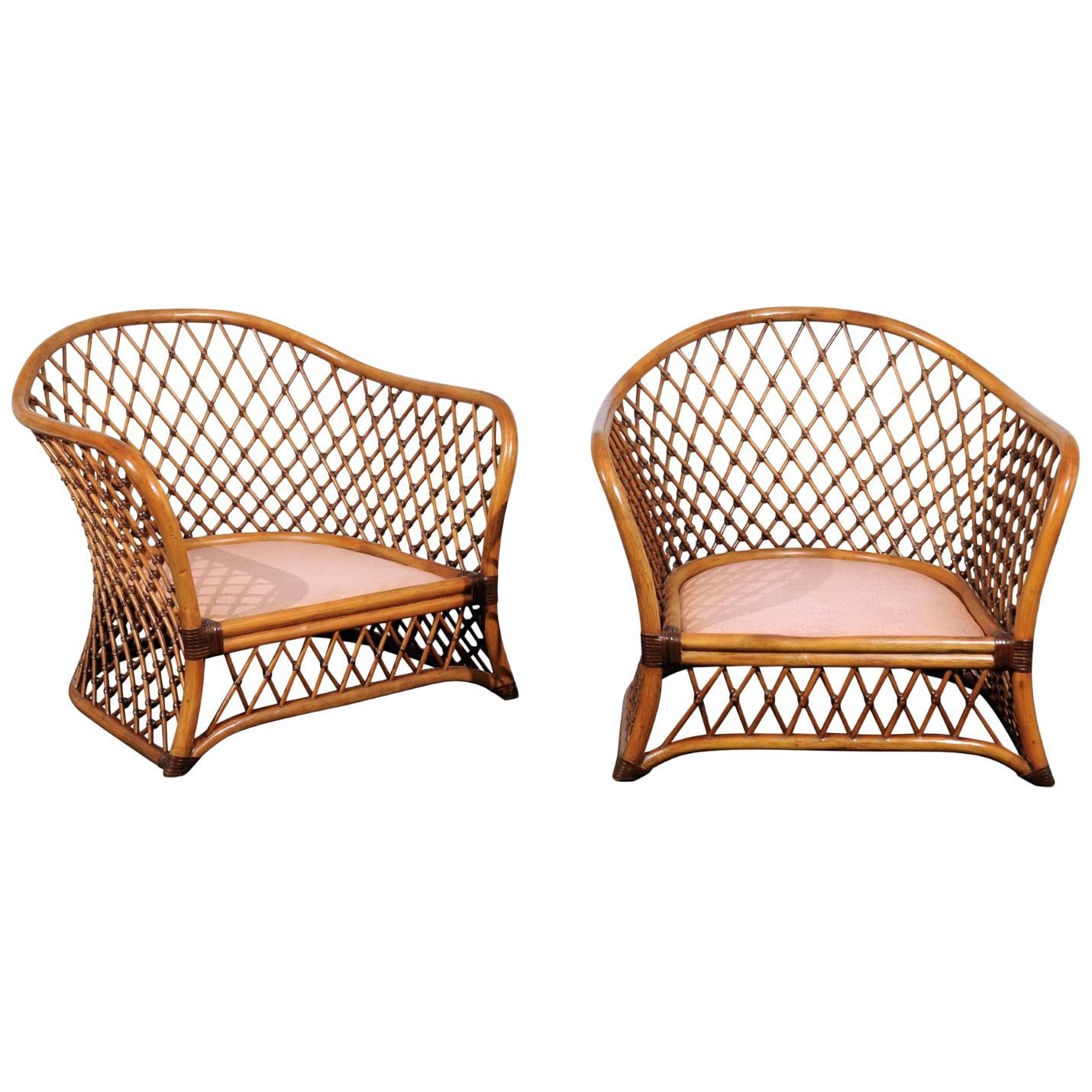 Sculptural Restored Pair of Large-Scale Lattice Club Chairs, circa 1990