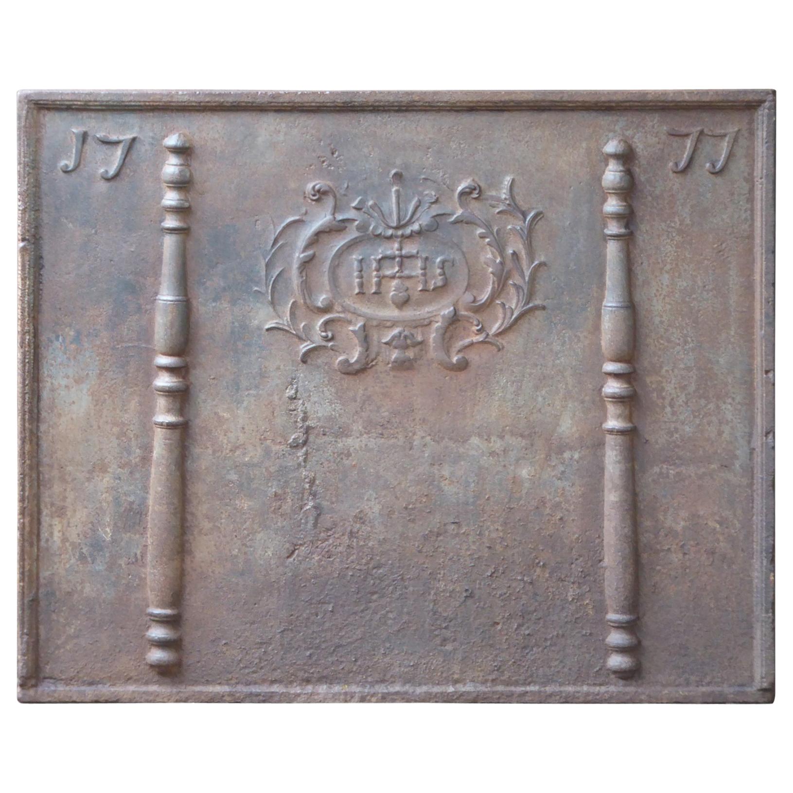 Large French Fireback with Pillars and IHS Monogram, Dated 1777