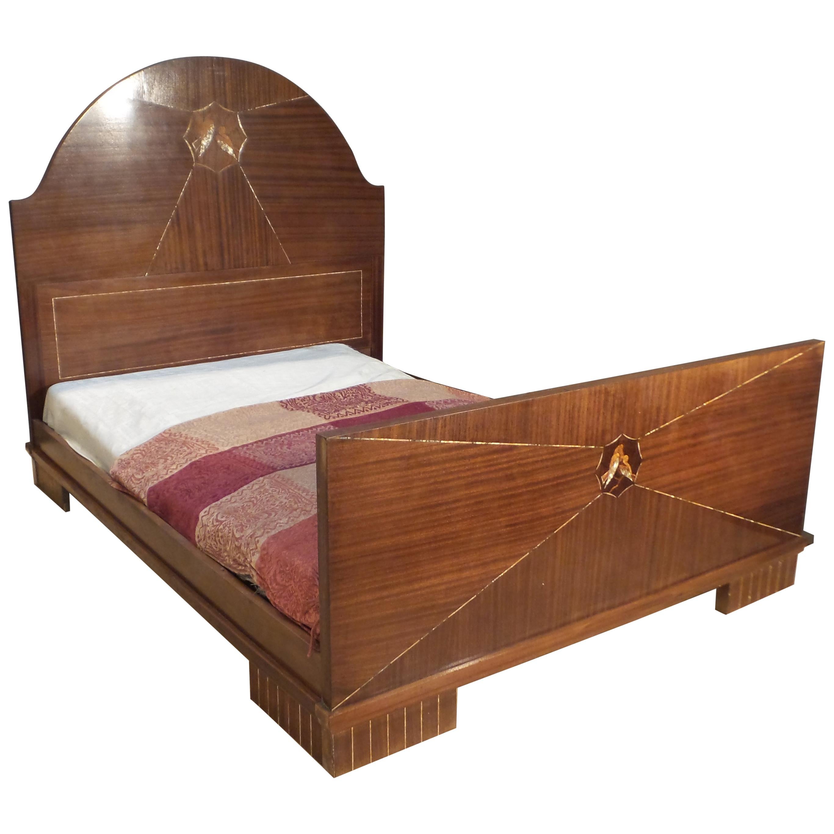 Art Deco French Walnut Double or King Size Bed Inlaid with Love Birds circa 1930 For Sale