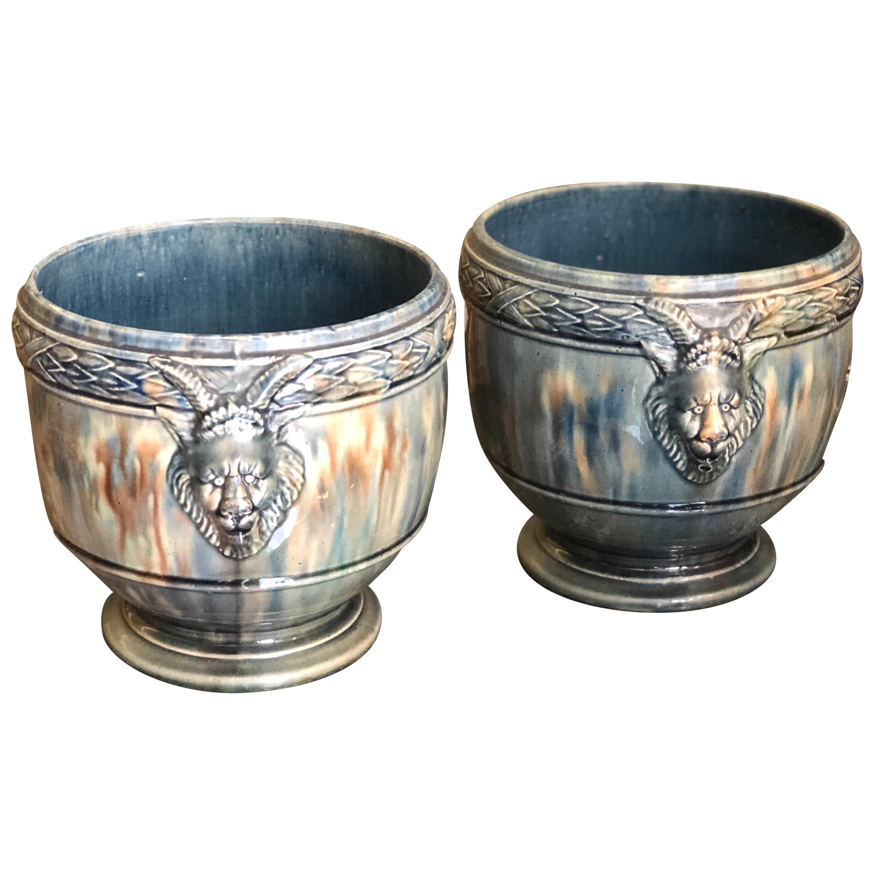 19th Century French Pair of Hand Painted Ceramic Pots