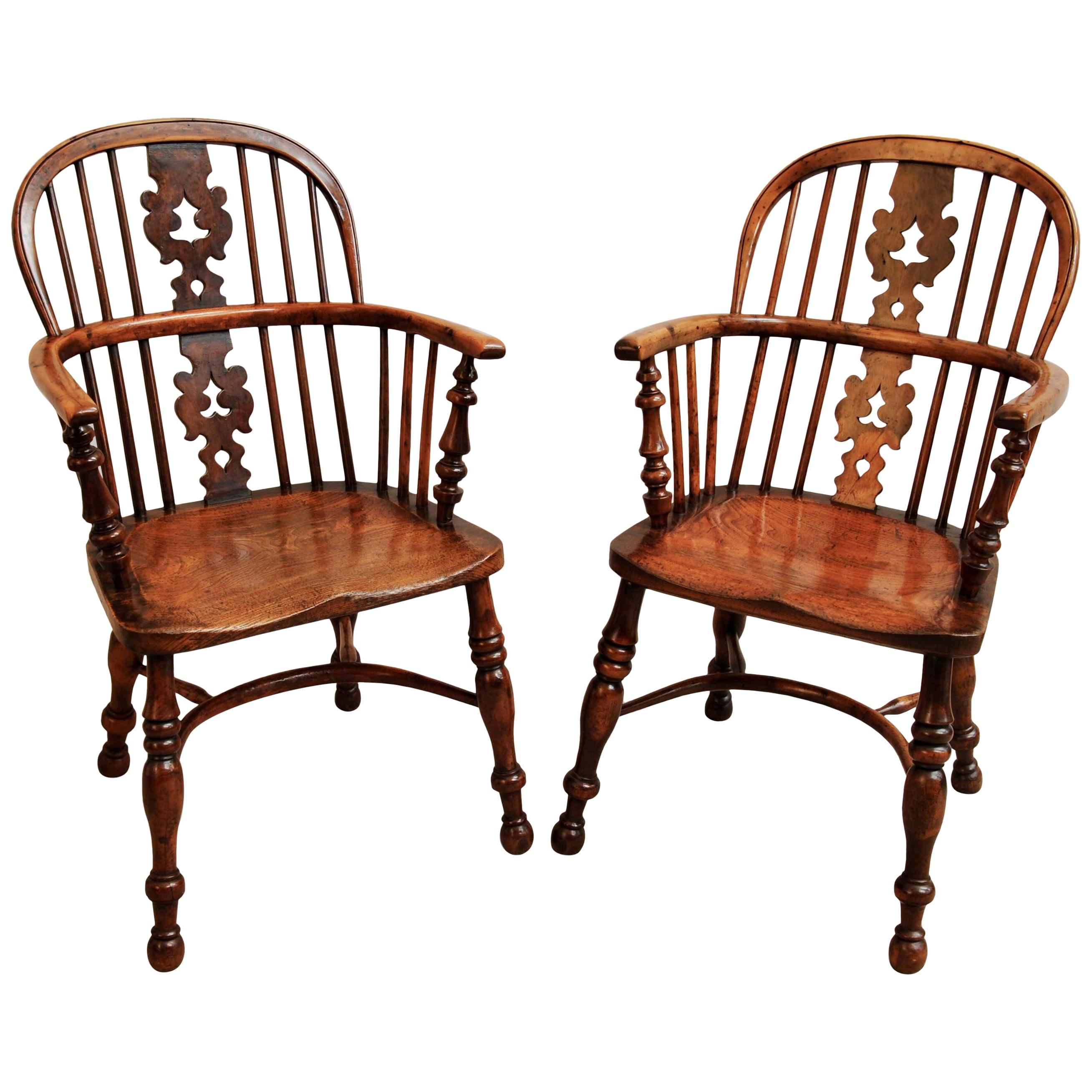 Pair of 19th Century Burr Yew Wood Windsor Armchairs