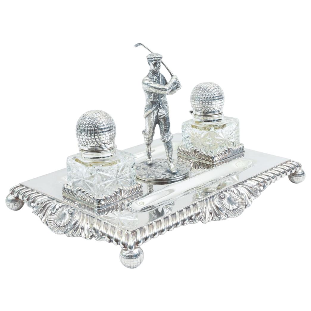 English Sheffield Silver Plated Footed Desk Inkwells with Stand
