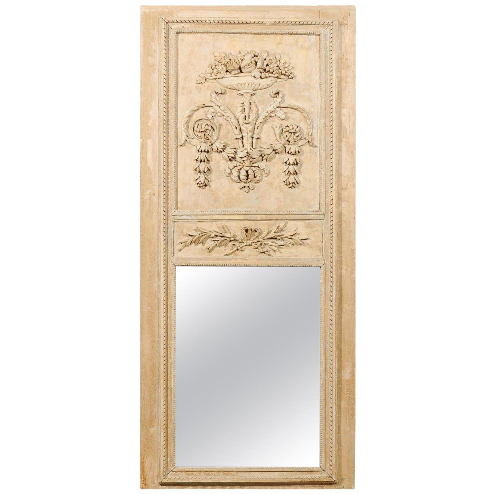 French Louis XVI Period 1790s Painted Wood Trumeau Mirror with Scrollwork Motifs For Sale