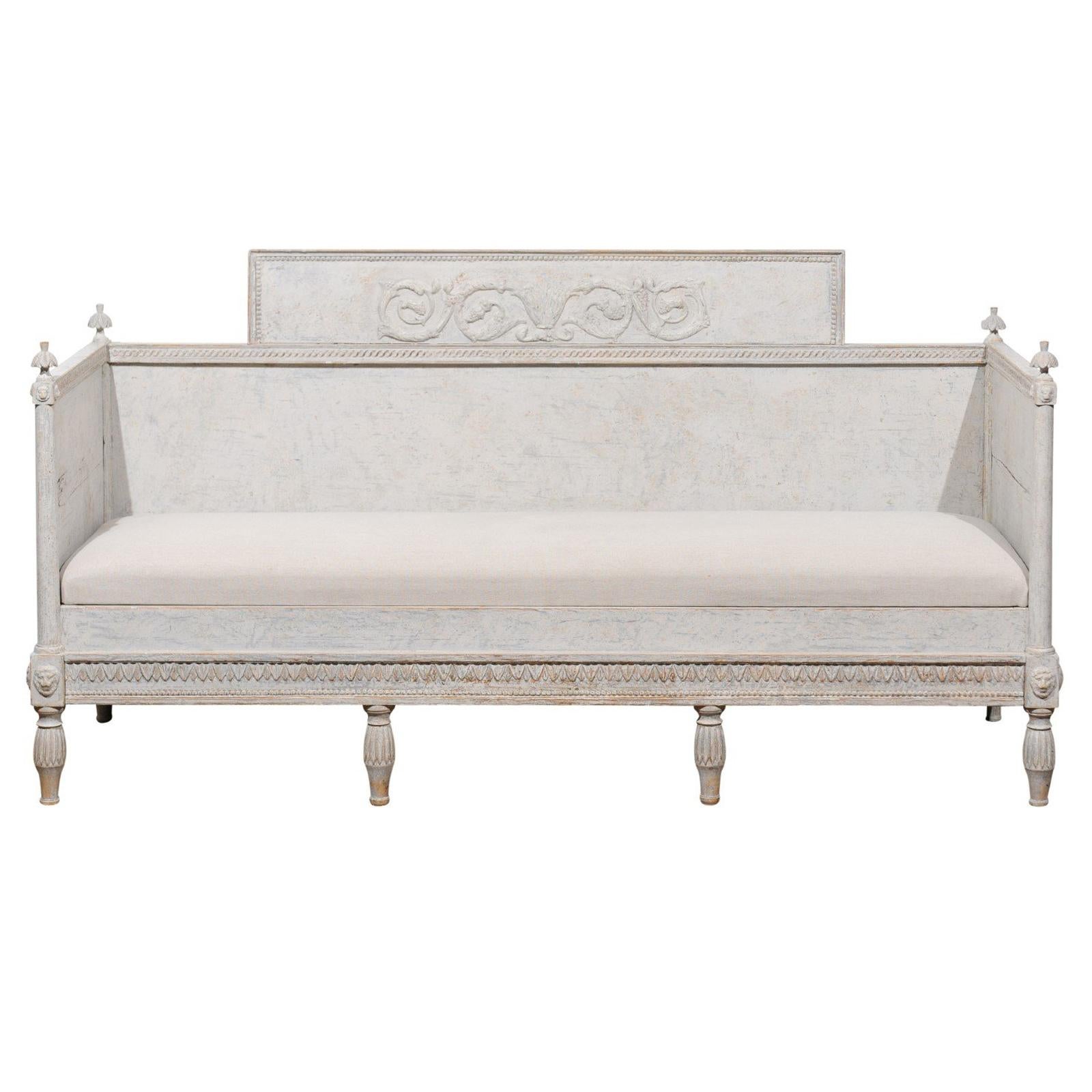 Swedish Neoclassical 1800s Painted Wood Sofa with Scrollwork and Waterleaves