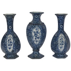 Antique Dutch Petrus Regout Delft Blue Faience Vases Decorated with Flowers