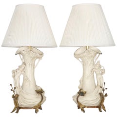 Art Nouveau Wahliss Manner Ewer Nymph Table Lamps