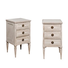 Pair of Swedish 1890s Gustavian Style Painted Bedside Chests with Reeded Drawers