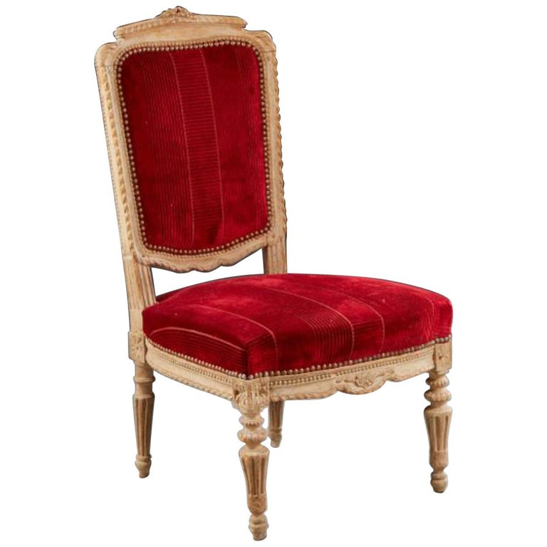 19th Century French Hand Carved Wooden Chair in Red Velvet For Sale at