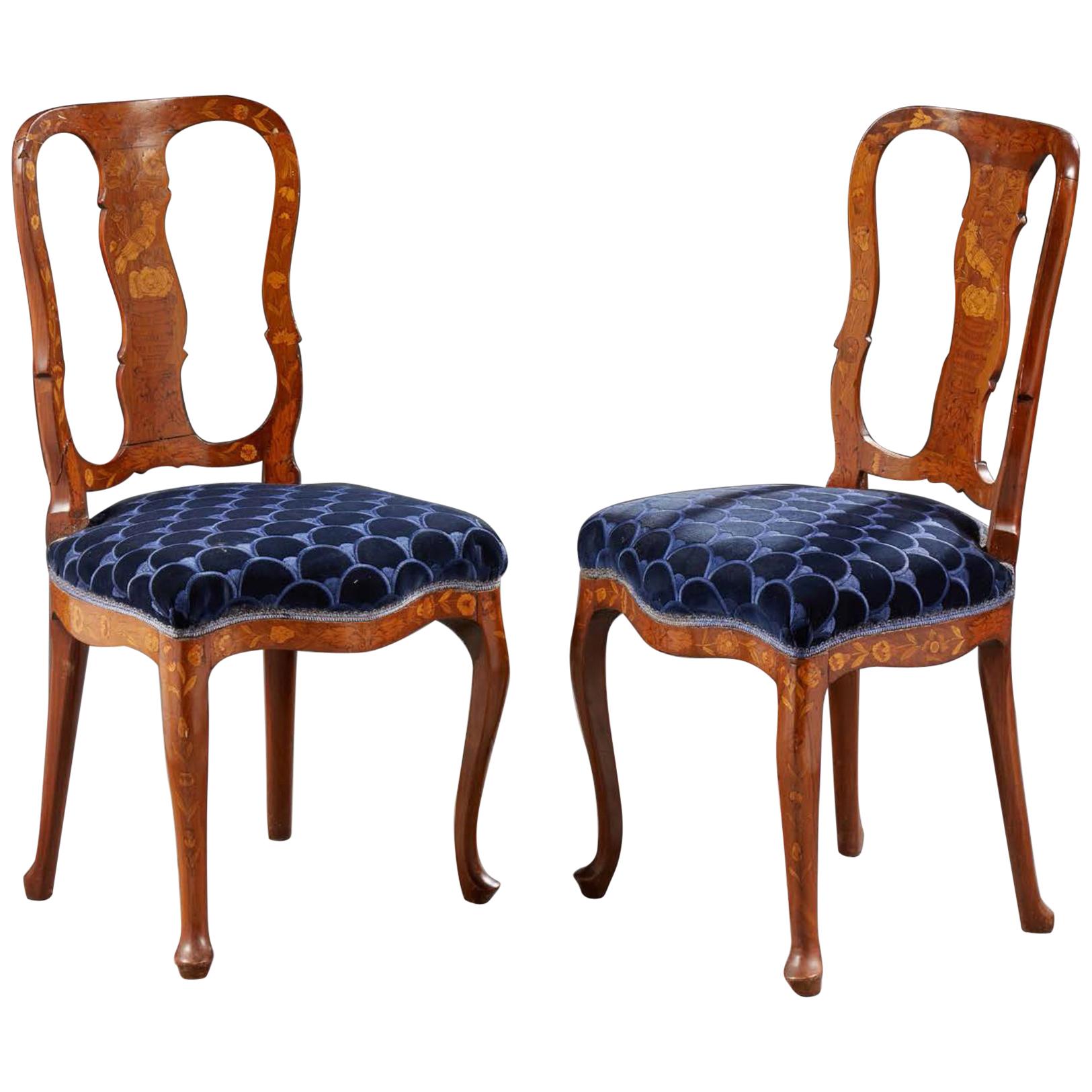 19th Century Pair of Dutch Inlaid Wood Chairs with Flower Motifs and Birds For Sale