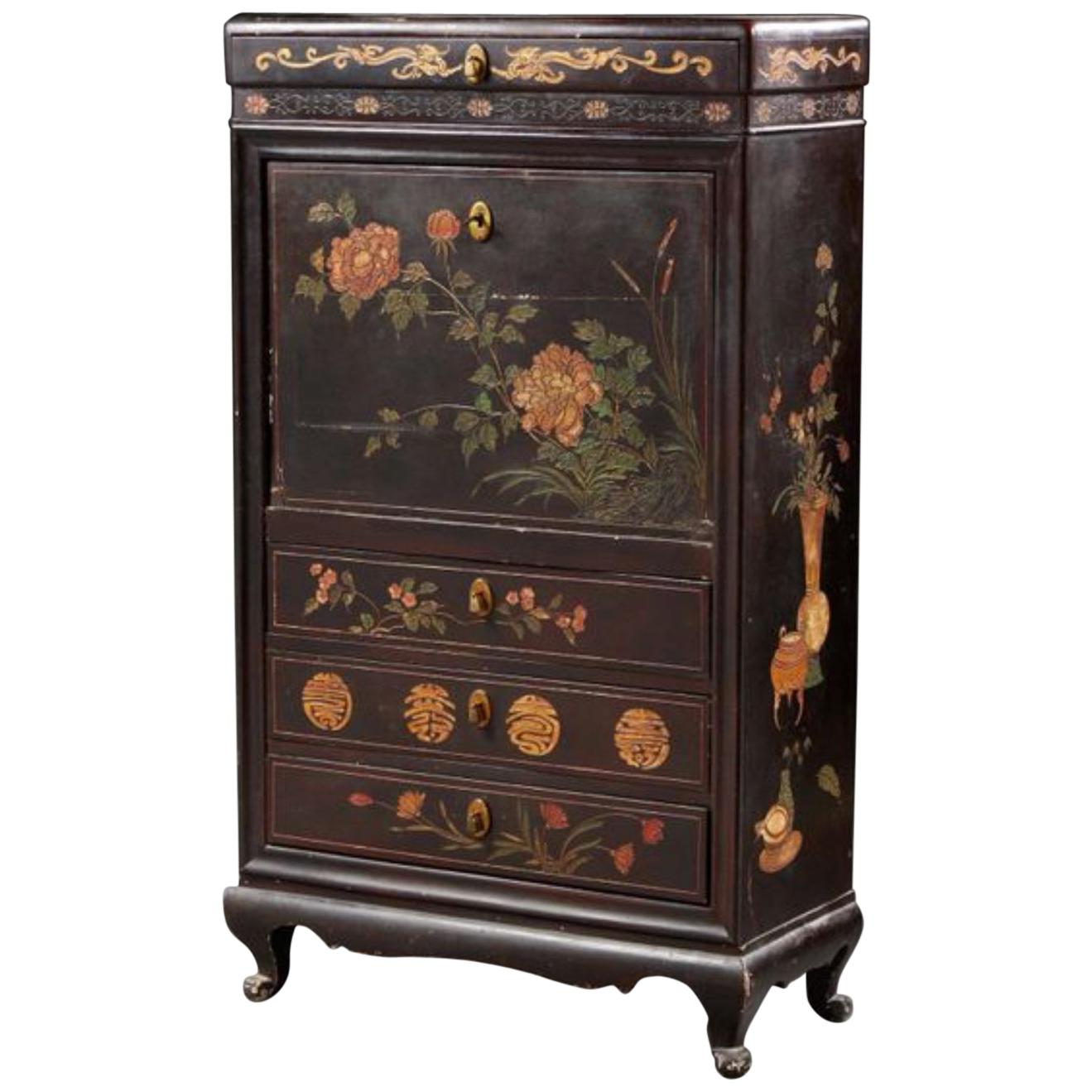 19th Century Hand Painted Secretary with Hidden Drawers and Floral Decorations For Sale