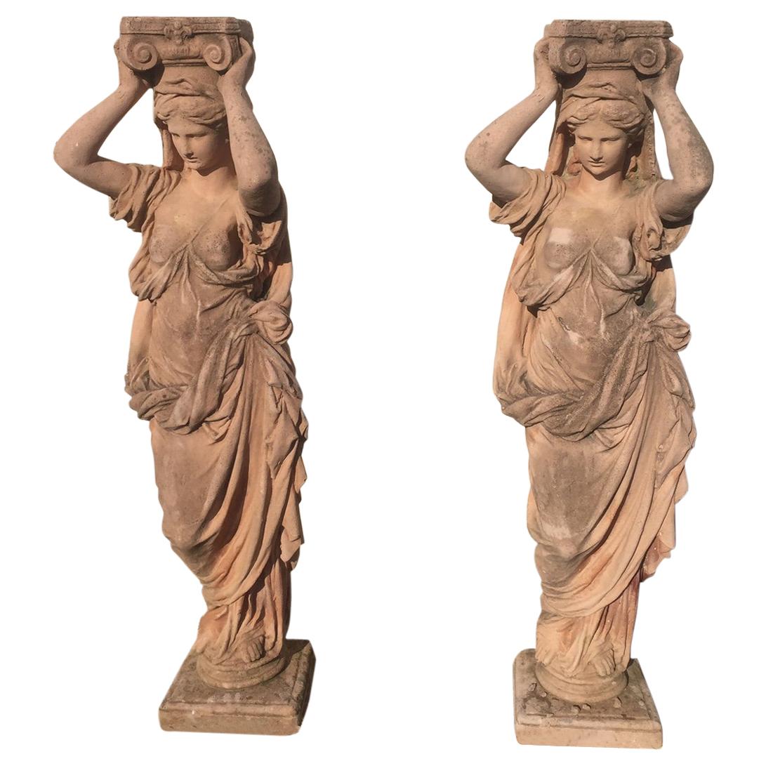 20th Century, Pair of Antique Greek Cariatide Stone Statues, 1950s
