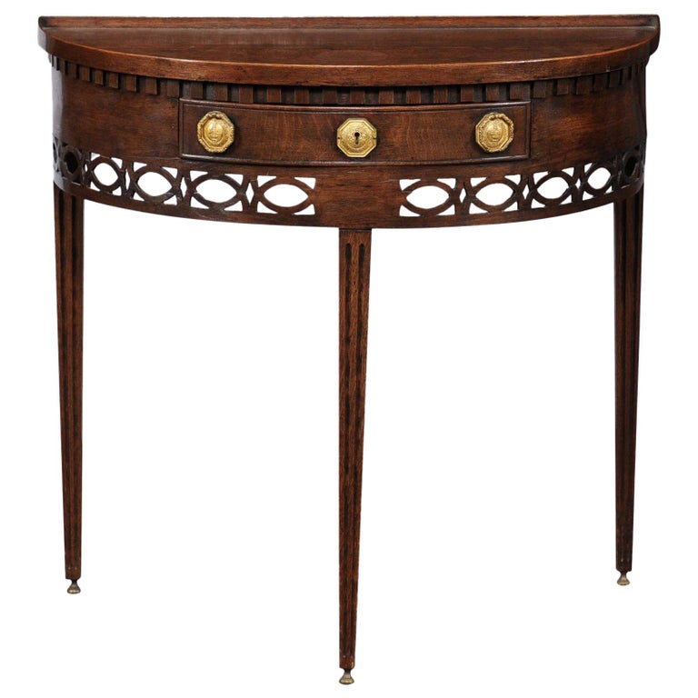English 1860s Oak Demilune Table With Drawer Tapered Legs And English 1860s Oak Demilune Table With Drawer Tapered Legs And Pierced Motifs For