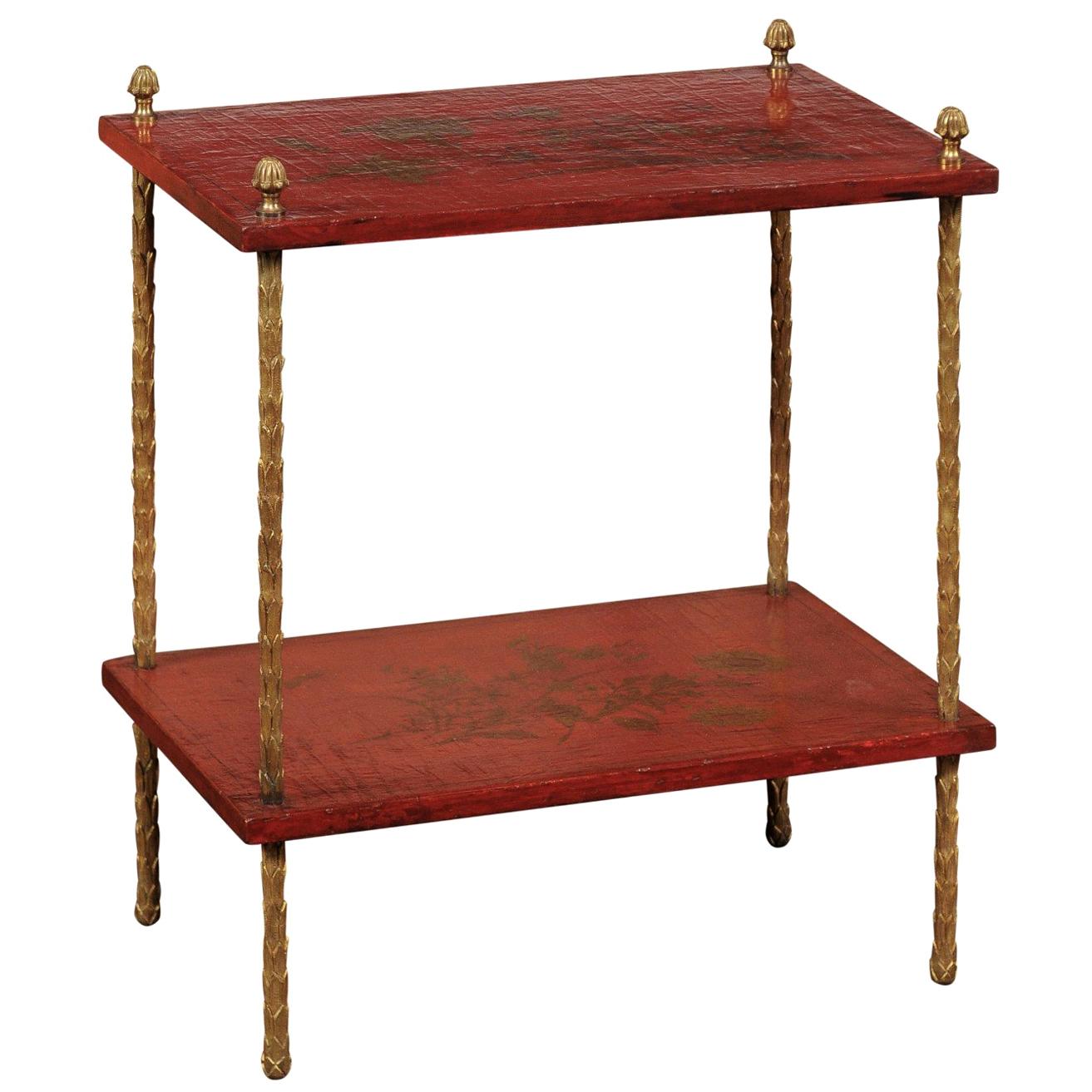 Maison Jansen Style Midcentury Tiered Side Table with Red Chinoiserie Décor