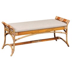 English Vintage Bamboo Midcentury Bench with New Upholstery and Arched Supports