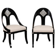Pair of Vintage 1950s Ebonized Wood Spoon Back Chairs with Mother-of-pearl Inlay