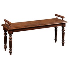 English 1870s Mahogany Hall Bench with Cylindrical Armrests and Turned Legs