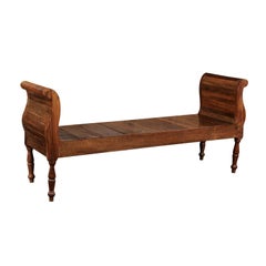 French Belle Époque Oak Backless Bench with Out-Scrolling Arms and Turned Legs