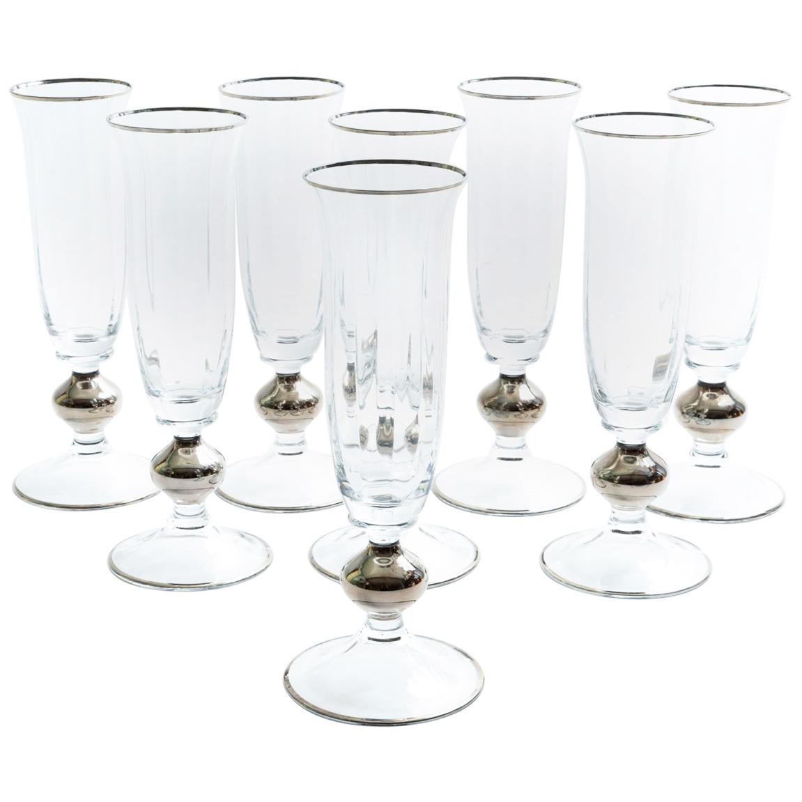 Art Deco Barware Crystal Champagne Flute Set Eight Pieces
