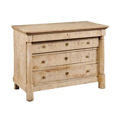 French 1870s Empire Style Bleached Wood Commode with Columns and Frieze Drawer