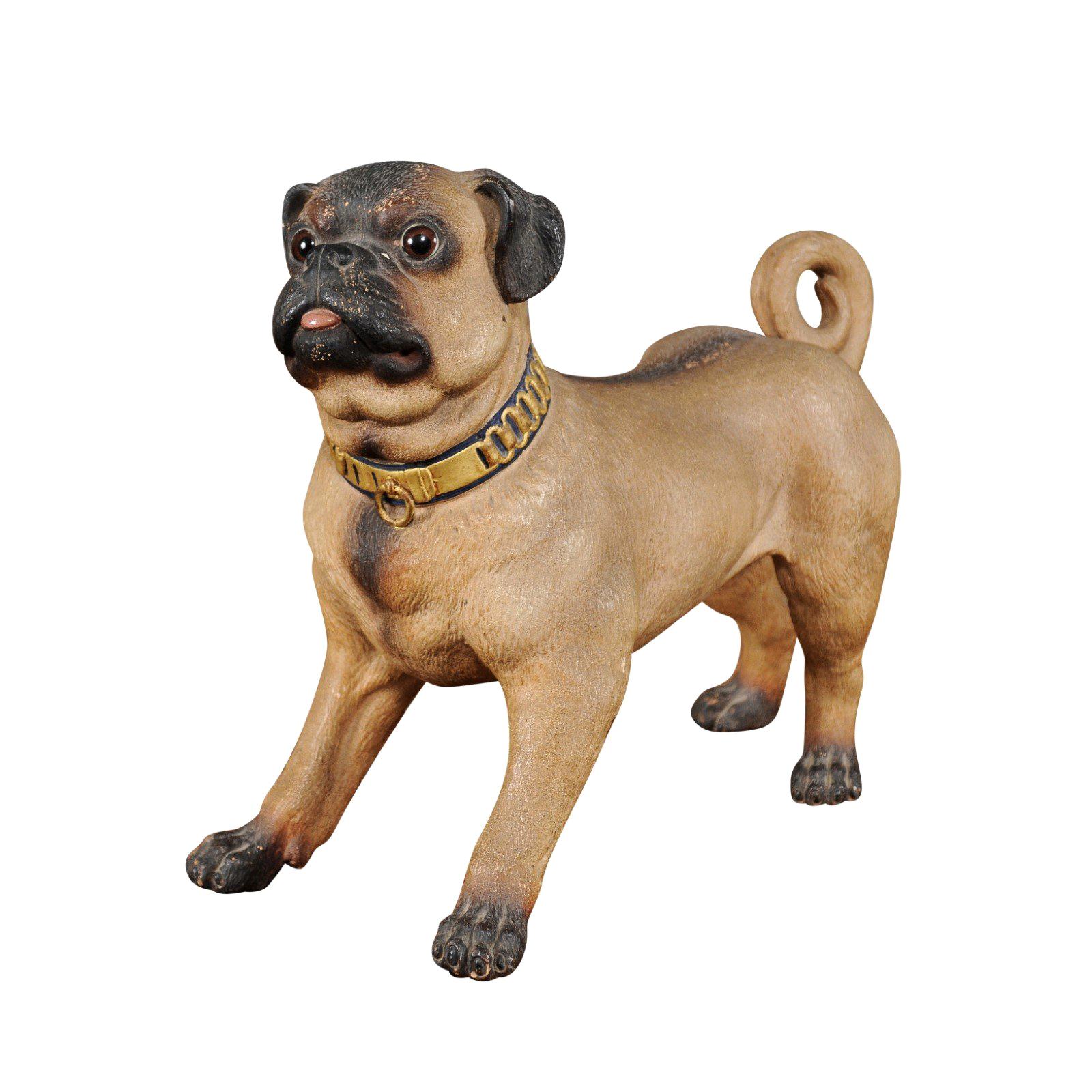 German Painted Terracotta Pug Sculpture with Playful Attitude and Gilt Collar