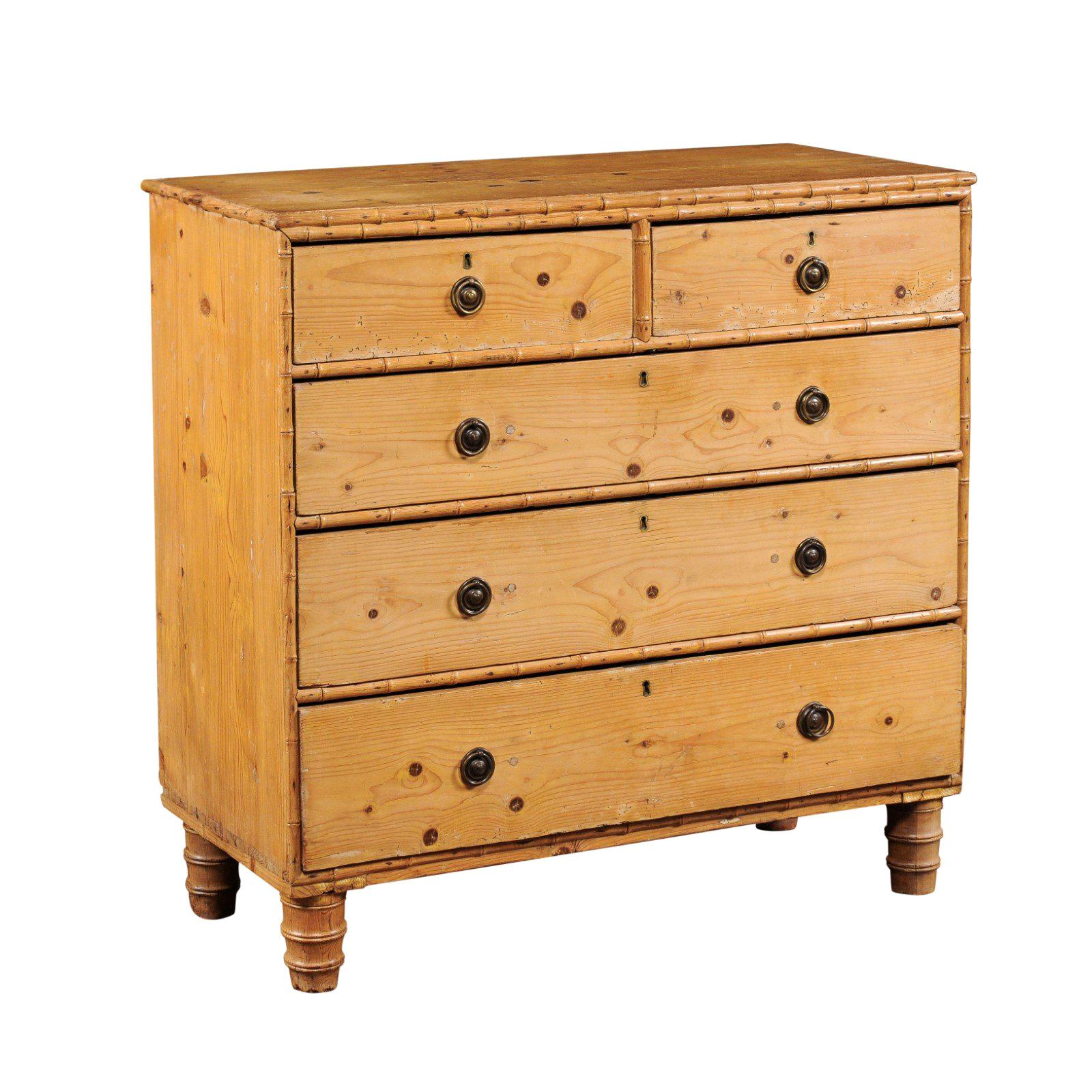 French Faux-Bamboo and Pine Five-Drawer Chest with Cylindrical Feet, circa 1880