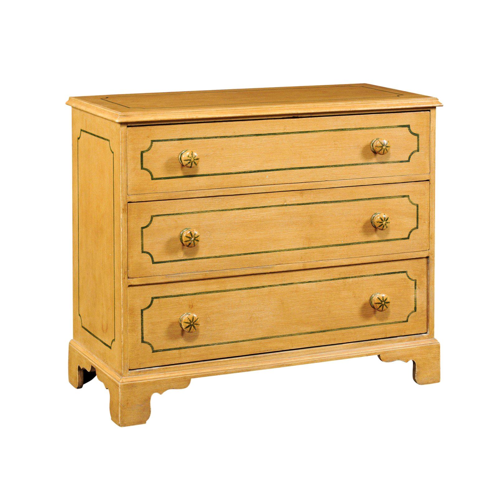 Vintage 1950s English Painted Three-Drawer Commode with Yellow Painted Finish